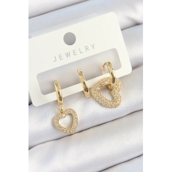 Pirinç Zirkon Taşlı Kalp Model Gold Renk 3lü Çift Kadın Küpe Set 5886