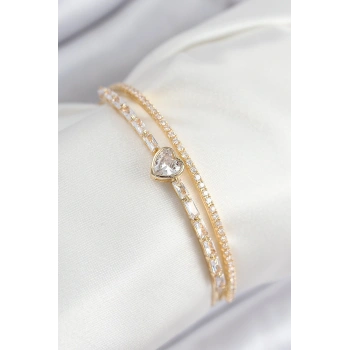 Pirinç Zirkon Taşlı Kalp Model Gold Renk Kadın Bileklik 5886