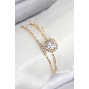 Pirinç Zirkon Taşlı Kalp Model Gold Renk Kadın Bileklik 5886
