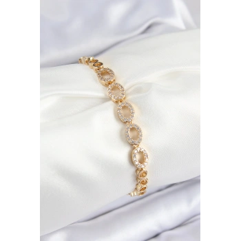 Pirinç Zirkon Taşlı Oval Model Gold Renk Kadın Bileklik 5886