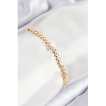 Pirinç Zirkon Taşlı Sıralı Model Gold Renk Asansörlü Kadın Bileklik 5886