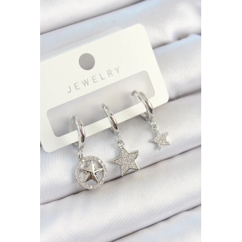 Pirinç Zirkon Taşlı Yıldız Model Gümüş Renk 3lü Çift Kadın Küpe Set 5886