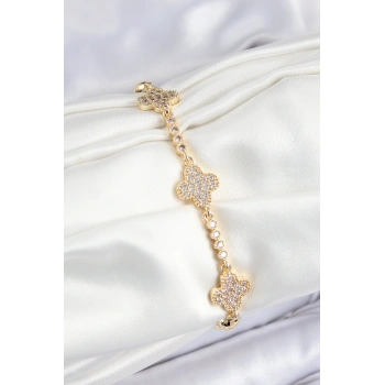 Pirinç Zirkon Taşlı Yonca Model Gold Renk Kadın Bileklik 5886