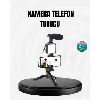 Profesyonel Vlog Çekim Kiti LED Işıklı Tripod Mikrofonlu Telefon Seti