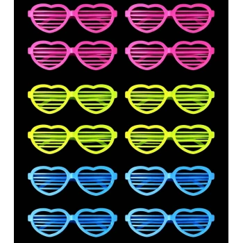 Retro Neon Fosforlu Kalp Panjur Gözlük - 12 Adet