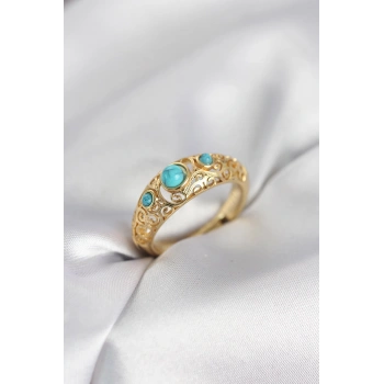 Vintage Model Mavi Taşlı Gold Renk Kadın Yüzük 5886
