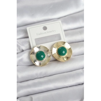 Vintage Model Yeşil Gold Renk Pirinç Kadın Küpe 5886