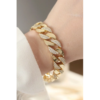 Vip Seri Pirinç Zirkon Taşlı Gold Renk Gurmet Bileklik 5886