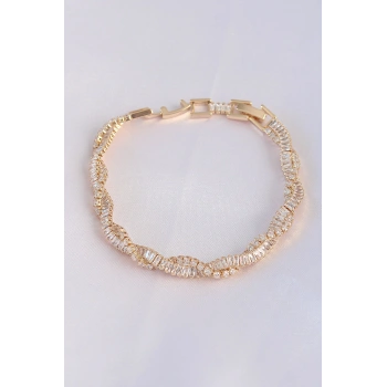 Vip Seri Pirinç Zirkon Taşlı Gold Renk Sarmal Model Bileklik 5886