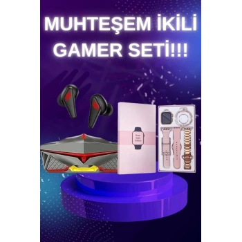 Yeni Nesil Pembe Dokunmatik Ekran Akıllı Saat ve Oyuncu Kulaklığı Kablosuz Bluetooth Kulaklık