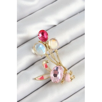 Zirkon Taşlı  Balonlu Pembe Tavşan Figürlü Gold Renk Kadın Broş 5886