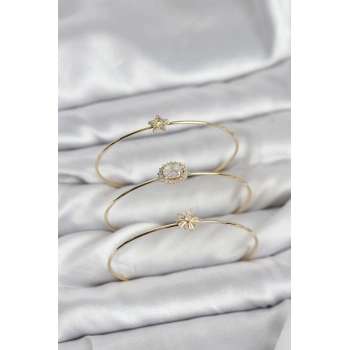Zirkon Taşlı Gold Renk Tek Taş Model 3lü Kadın Bileklik Kombini 5886