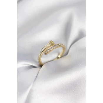 Zirkon Taşlı Gold Renk Yassı Çivi Model Kadın Yüzük 5886