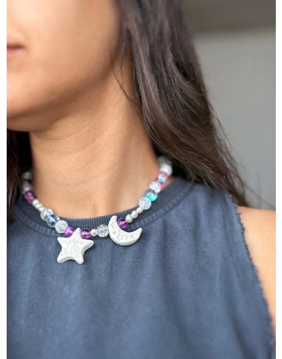 Seramik Ay ve Yıldız Kolye