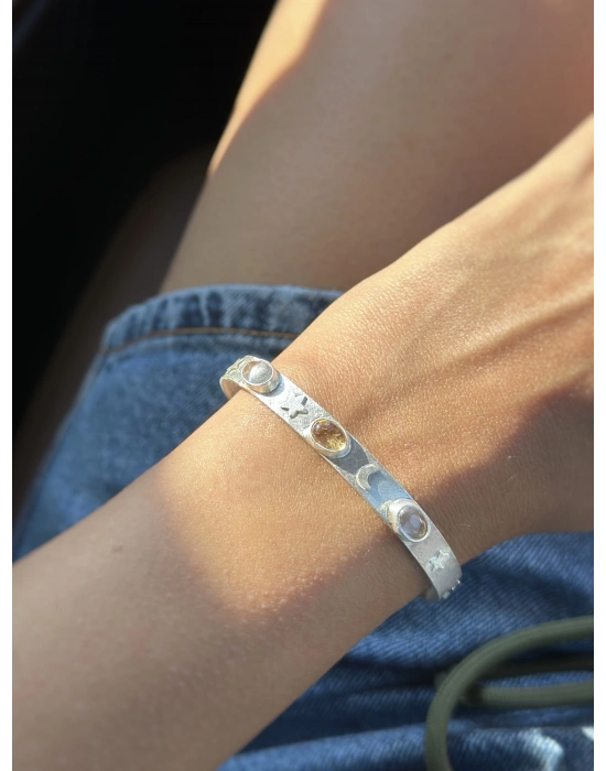 Sitrin ve Kuvars Taşlı Kelepçe Bileklik