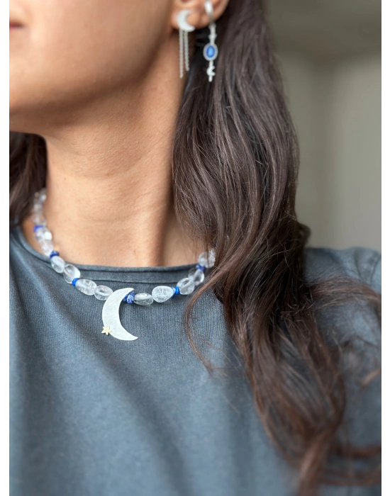 Lapis ve Kuvars taşlı ay kolye