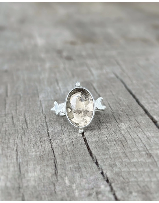 Dumanlı Kuvars Taşlı Ay Yıldız Yüzük