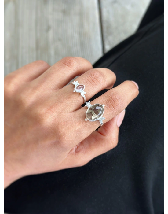 Dumanlı Kuvars Taşlı Ay Yıldız Yüzük