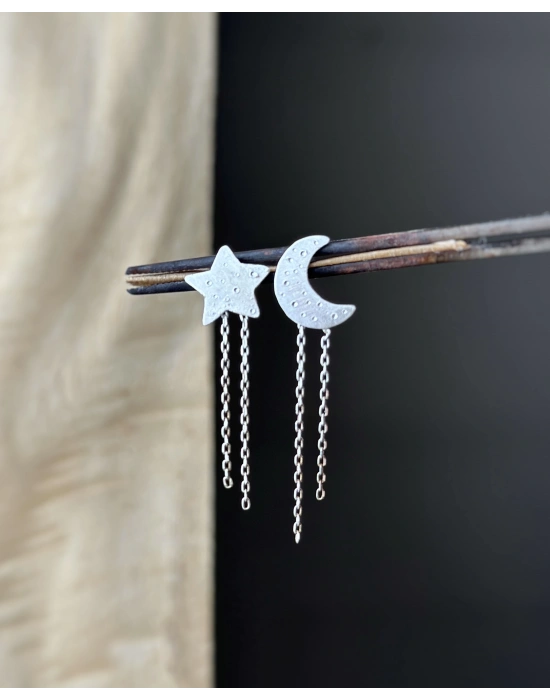 Ay ve Yıldız Zincirli Çift Küpe