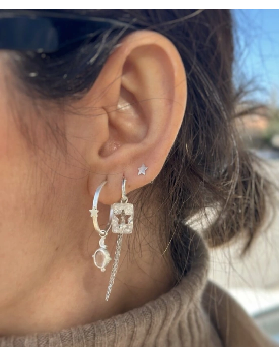 Zincirli Yıldız Halka Küpe ve Mini Yıldız küpe