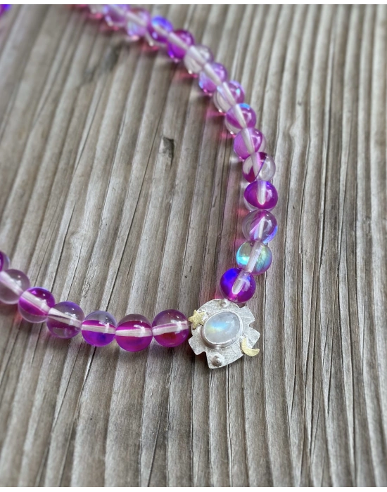 Mor Kuvars Taş Dizili Astronot Kolye