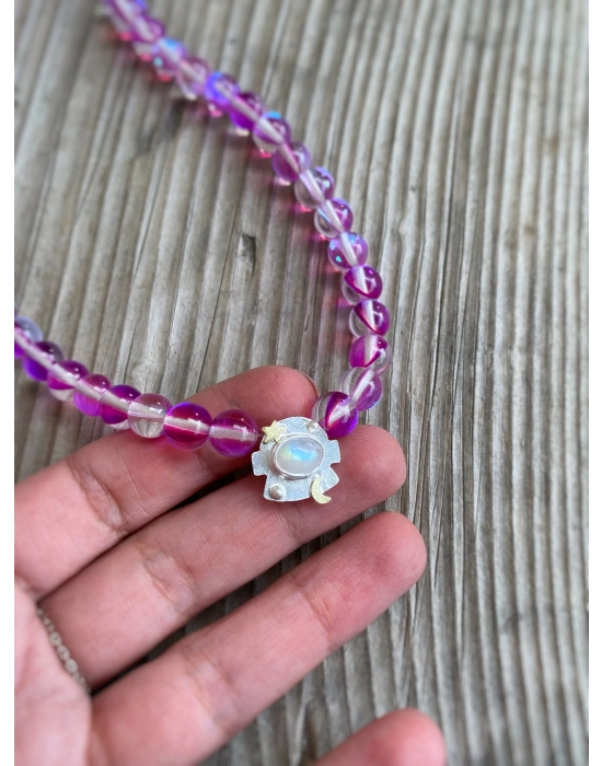 Mor Kuvars Taş Dizili Astronot Kolye