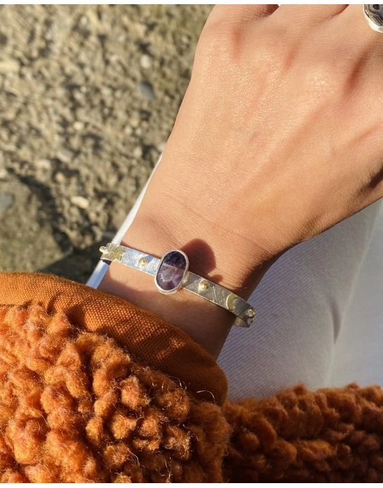 Ametist Taşlı Ay Yıldızlı Kelepçe Bileklik