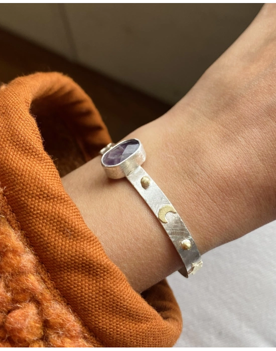 Ametist Taşlı Ay Yıldızlı Kelepçe Bileklik