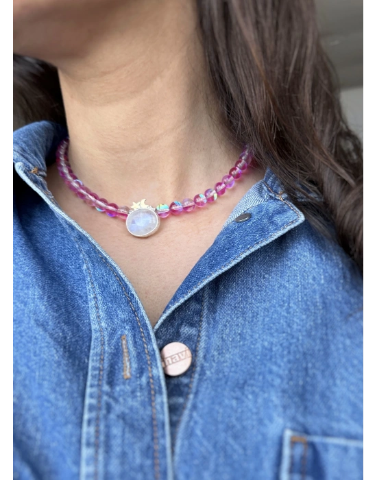 Mor Kuvars ve Ay Taşlı Kolye