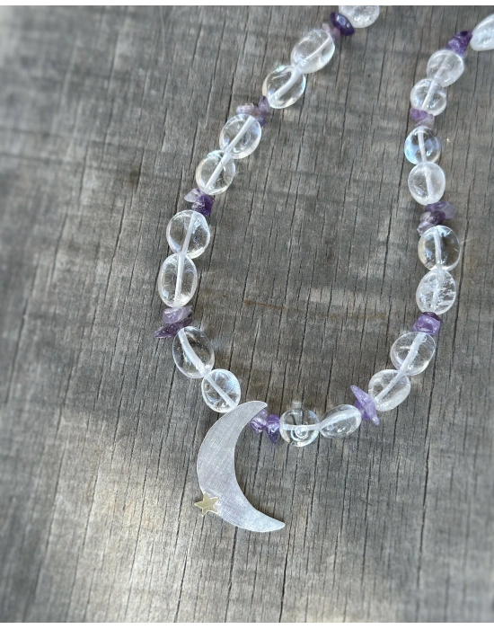 Ametist ve Kuvars Taşlı Ay Yıldız Kolye