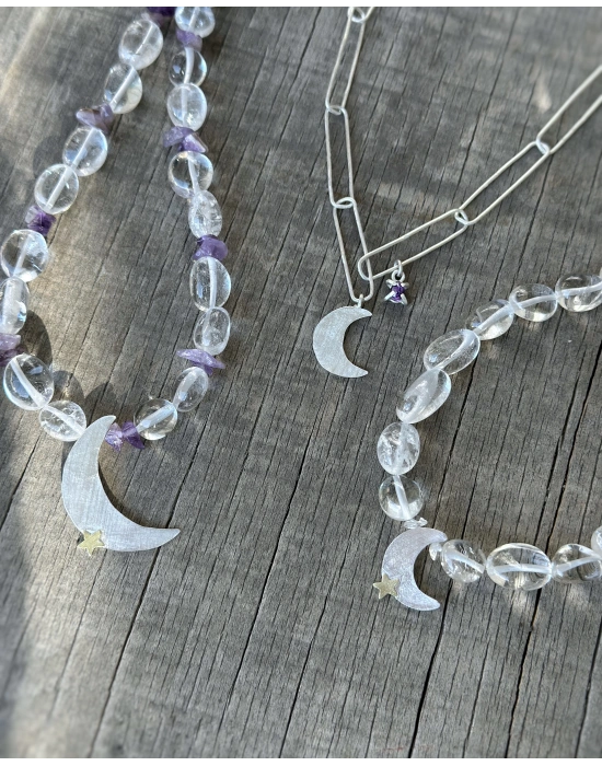 Ametist ve Kuvars Taşlı Ay Yıldız Kolye
