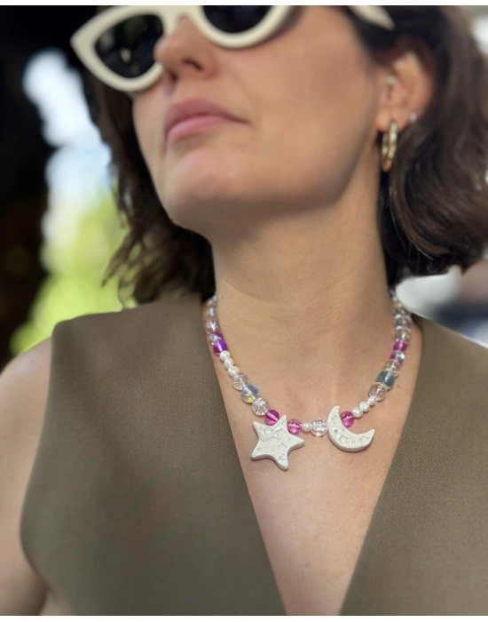 Seramik Ay ve Yıldız Kolye