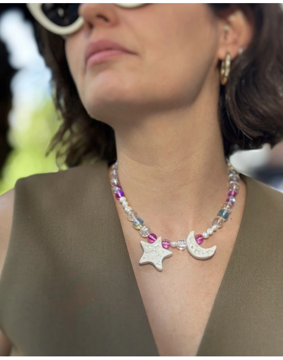 Seramik Doğaltaş Ay ve Yıldız Kolye