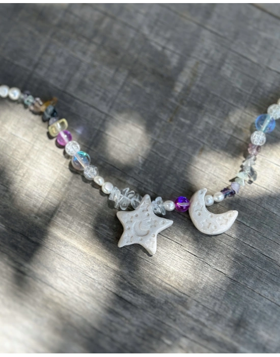 Seramik Doğaltaş Ay ve Yıldız Kolye