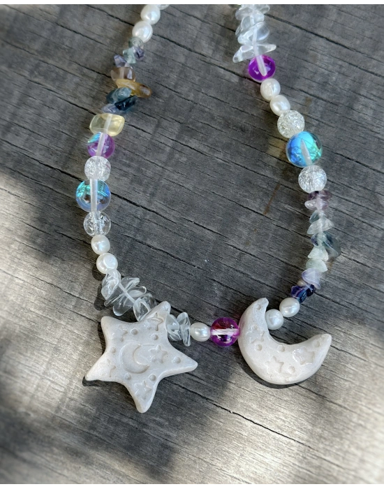 Seramik Doğaltaş Ay ve Yıldız Kolye
