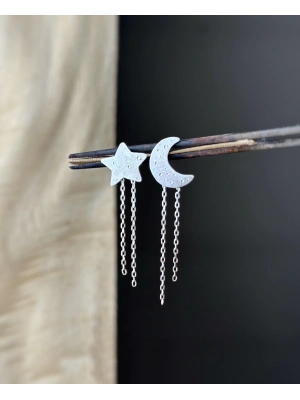 Ay ve Yıldız Zincirli Çift Küpe