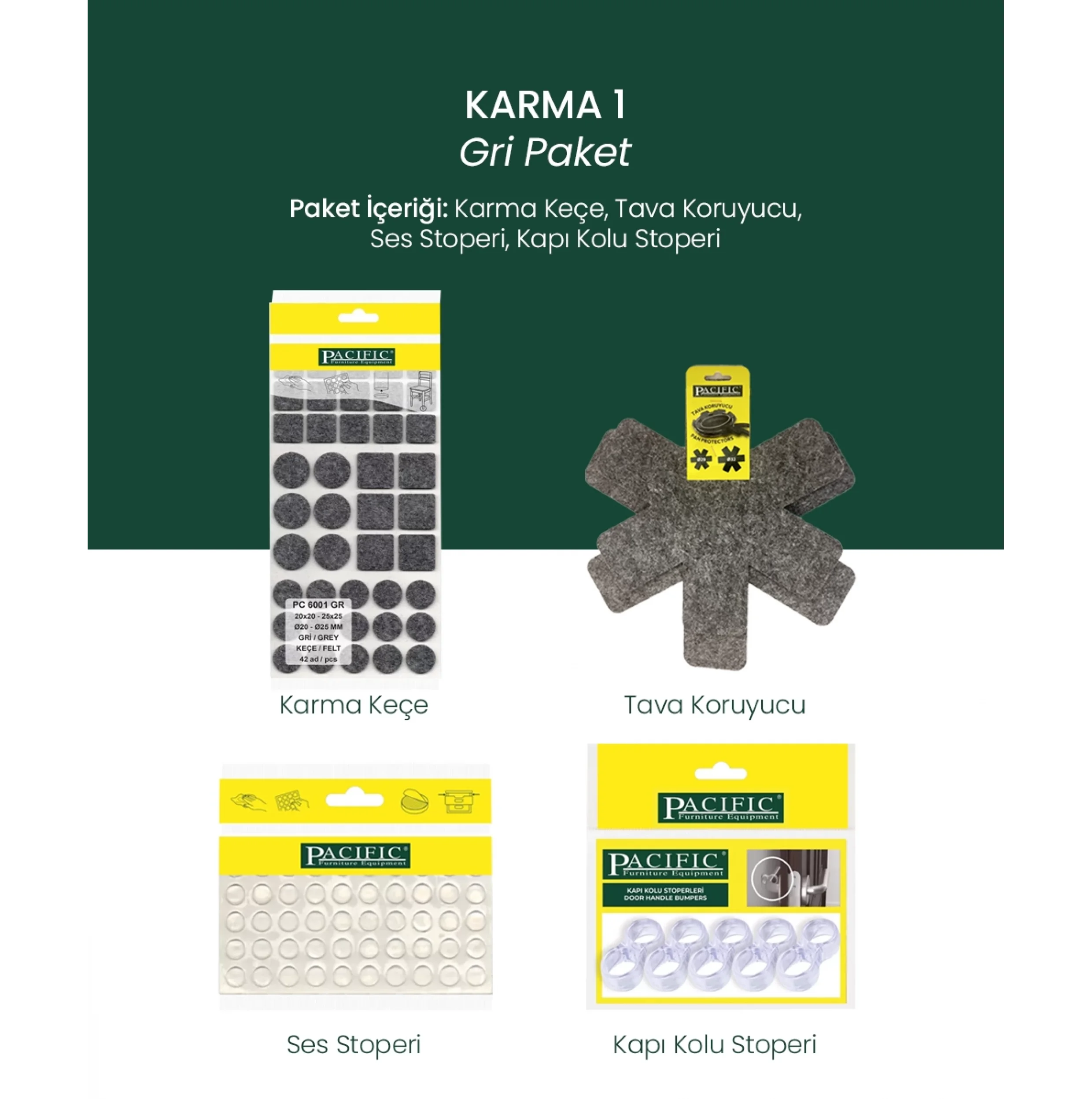 Yapışkanlı Karma Mobilya Keçesi + Ses Stoperi + Kapı Stoperi ve Çizilmez Tava Koruyucu Keçe Seti