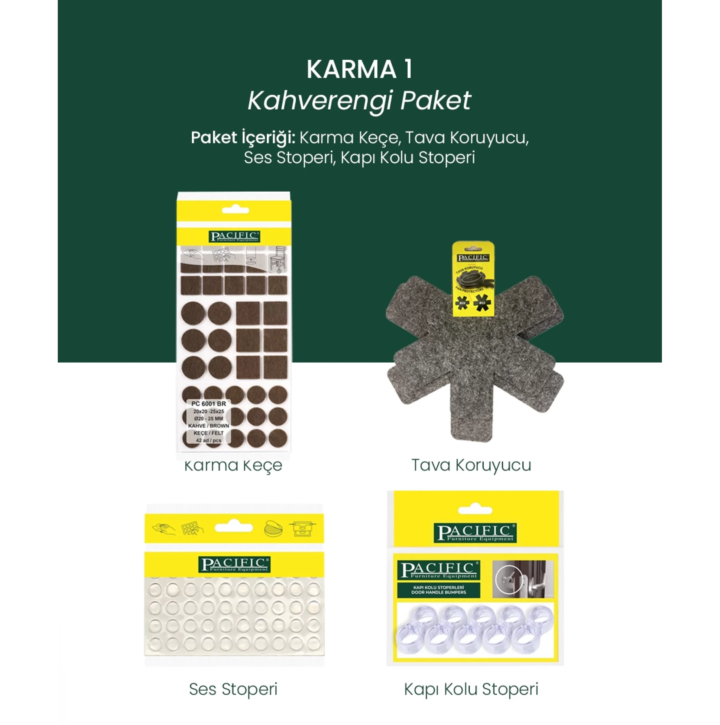 Yapışkanlı Karma Mobilya Keçesi + Ses Stoperi + Kapı Stoperi ve Çizilmez Tava Koruyucu Keçe Seti