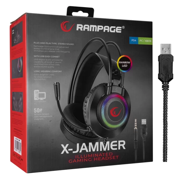 Rampage RM-K27 X-JAMMER Rainbow Ledli PC USBPS4- PS4-XBOX-Mobile Gaming Oyuncu Mikrofonlu Kulaklık