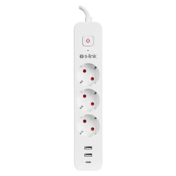 S-link SPG03TC 2 Usb +1Type C 5V2.4A 1.5m3 lü 3 lü Anahtarlı Akım Korumalı Beyaz Priz