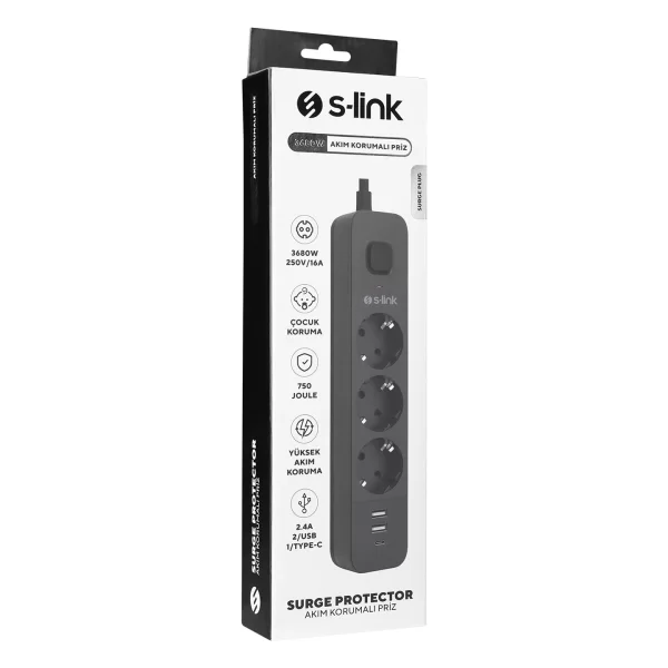 S-link SPG03U 2 Usb +1Type C 5V2.4A 1.5m 3x1.00mm 3 lü Anahtarlı Akım Korumalı Siyah Priz