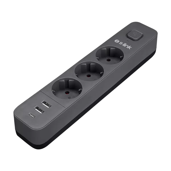 S-link SPG03U 2 Usb +1Type C 5V2.4A 1.5m 3x1.00mm 3 lü Anahtarlı Akım Korumalı Siyah Priz