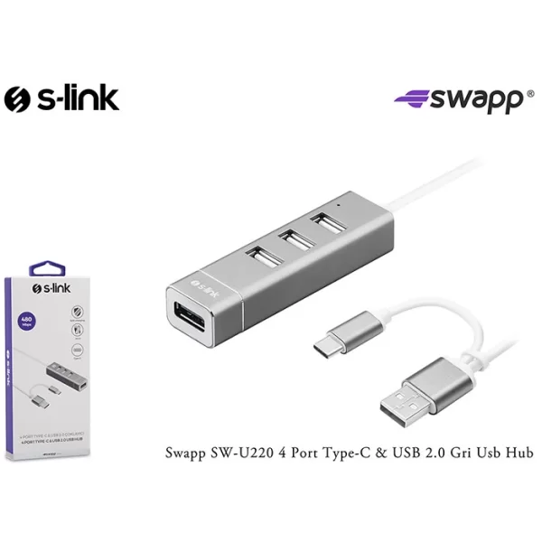 S-link Swapp SW-U220 4 Port Type-C & USB 2.0 Gri Usb Hub