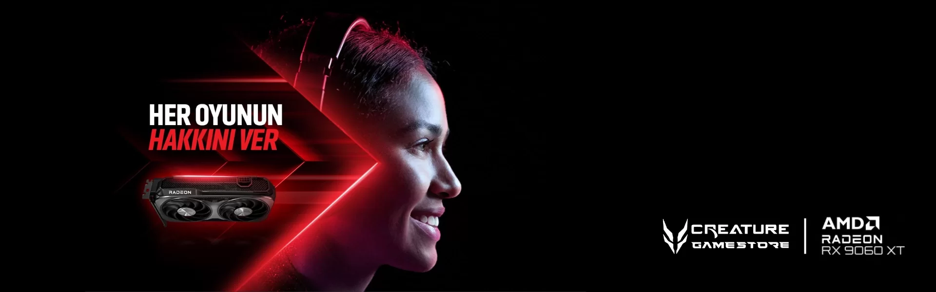 AMD Radeon™ RX 9060 XT – Ultra Hızlı Oyun Performansı AMD Radeon RX 9060 XT, ekran kartı, yapay zeka destekli grafikler, oyun performansı, Creature Gamestore, gaming setup
