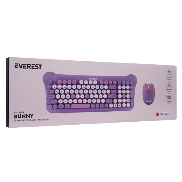 Everest KM-6244 BUNNY Renkli Tuşlu Mor 2.4 ghz + BT Kablosuz Q Multimedia Klavye + Mouse Set