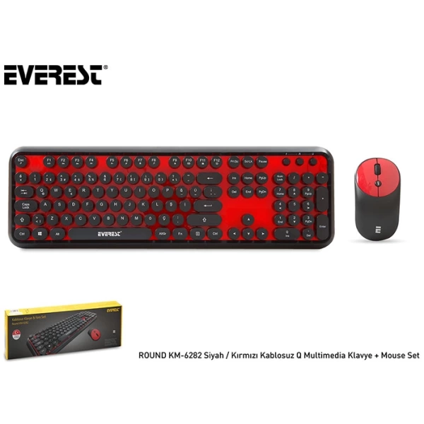 Everest ROUND KM-6282 Siyah/Kırmızı Kablosuz Q Multimedia Klavye + Mouse Set