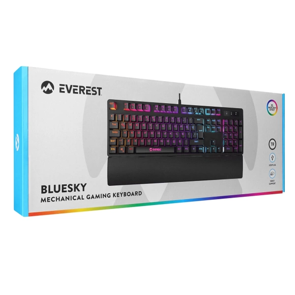 Everest KB-GX7 BLUESKY 21 Işık Efektli BLUE SWITCH Bilek Destekli Mekanik Gaming Oyuncu Klavyesi