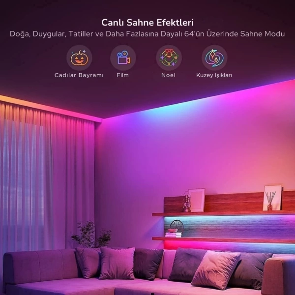 Govee RGBIC 5 Metre Wi-Fi ve Bluetooth LED Şerit Işık (Alexa ve Google Assistant Uyumlu) H618A3D1