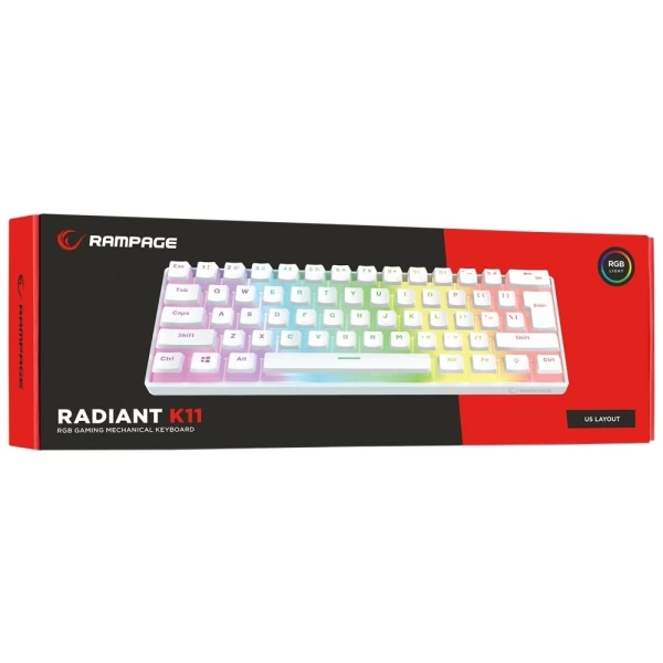 Rampage RADIANT K11 Beyaz Type-C Bağlantılı RGB Puding Tuşlu US Layout Red Switch Gaming Klavye