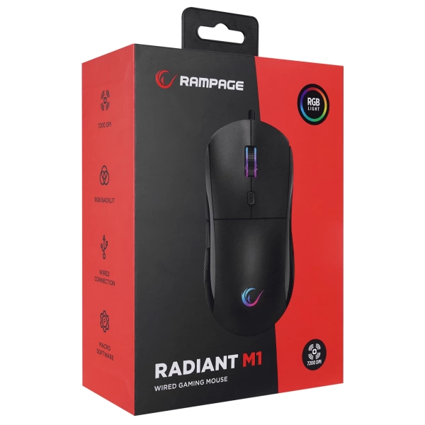 Rampage RADIANT M1 Makrolu Siyah 7200 dpi RGB Aydınlatmalı Gaming Mouse